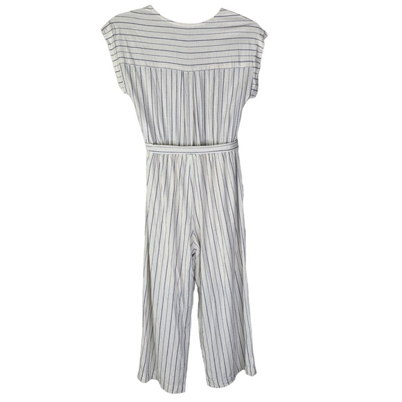 Monteau Women’s Navy & Cream Pin Striped Belted Ankle Crop Jump Suit Size Small - Picture 2 of 6